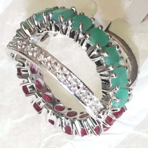 REVERSIBLE Emerald & Ruby Ring .925 Sterling Silver Genuine Gemstones - Picture 5 of 9